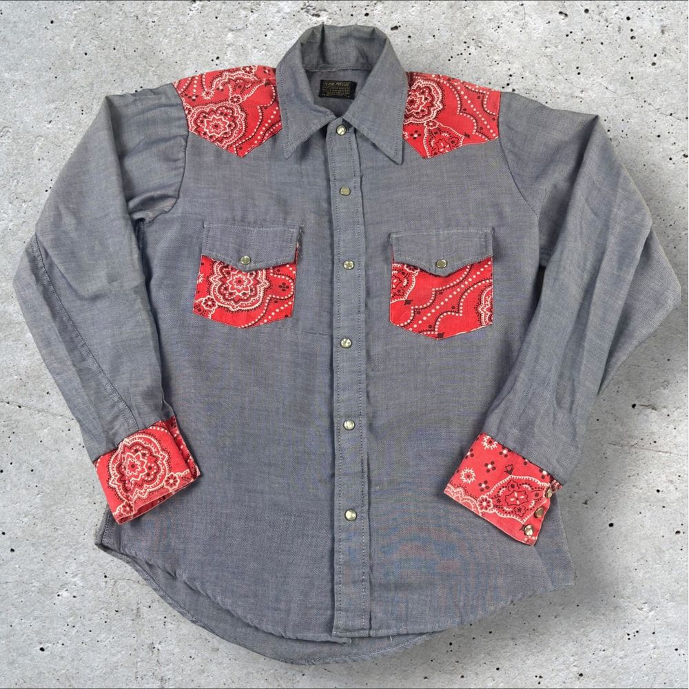 Vintage 70s Perma-Prest Denim Bandana Pearl Snap Shirt Adult Small Rockabilly